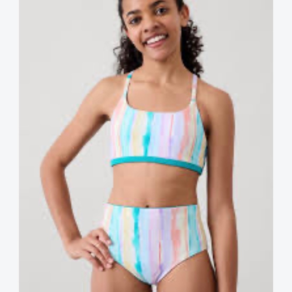 Athleta Girl Reversible Bikini Watercolor Stripe Teal 2-Piece Swimsuit SZ S (7)